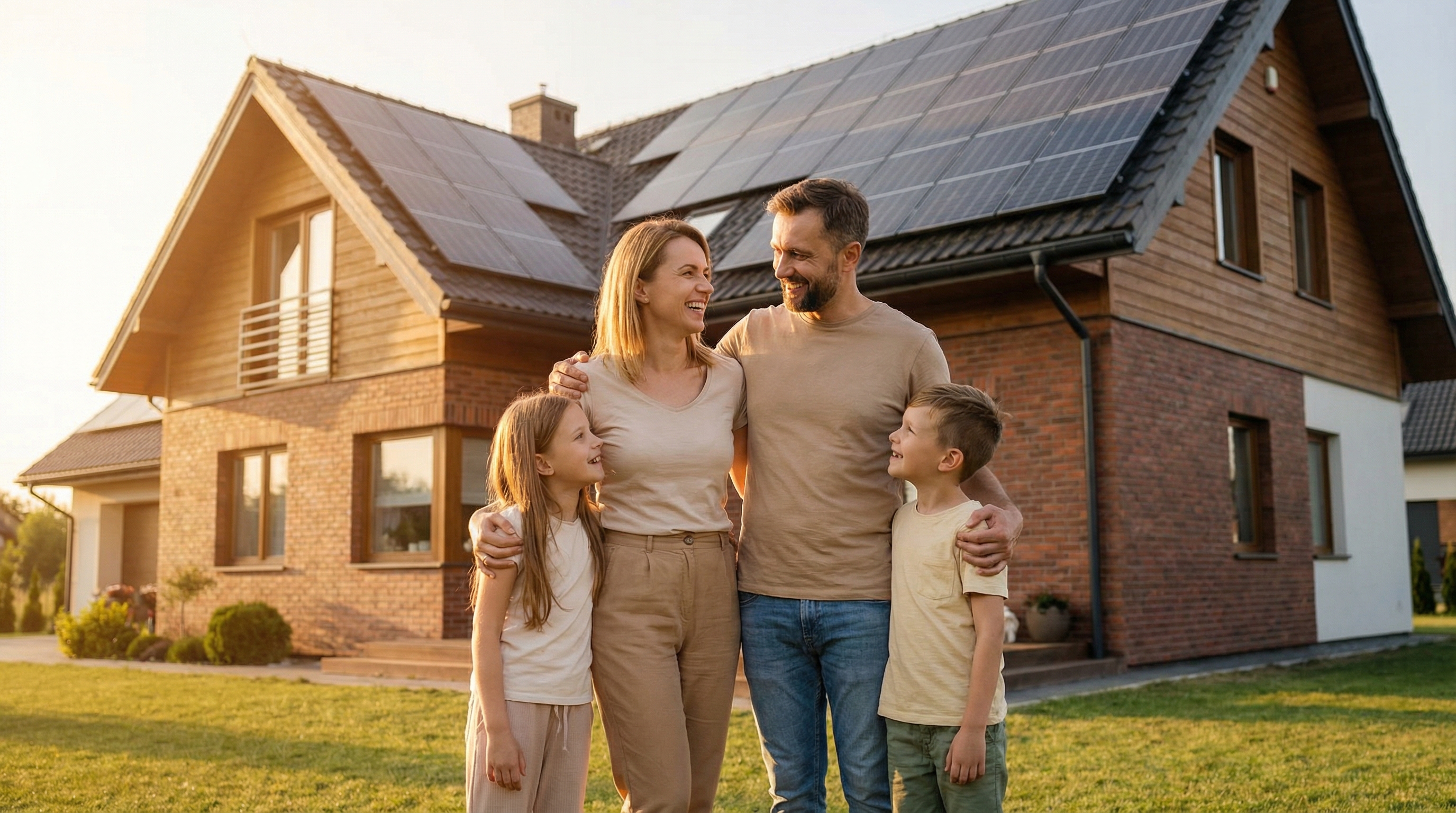 Szczęśliwa rodzina przed domem z panelami fotowoltaicznymi