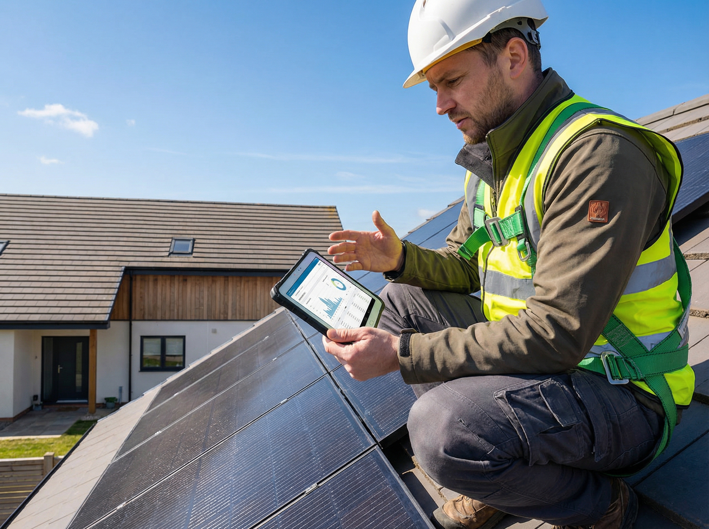 Audyt energetyczny — instalator z tabletem na dachu