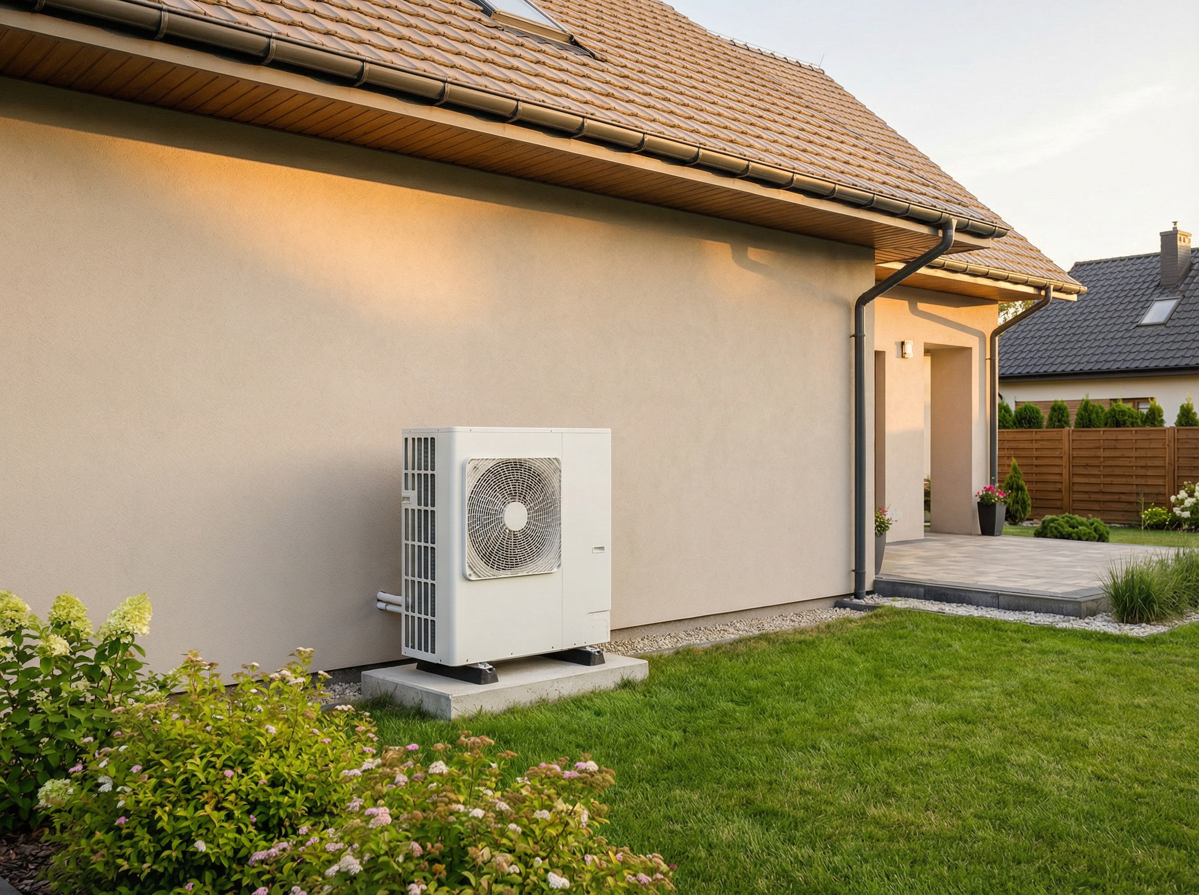 Pompa ciepła przy ścianie domu