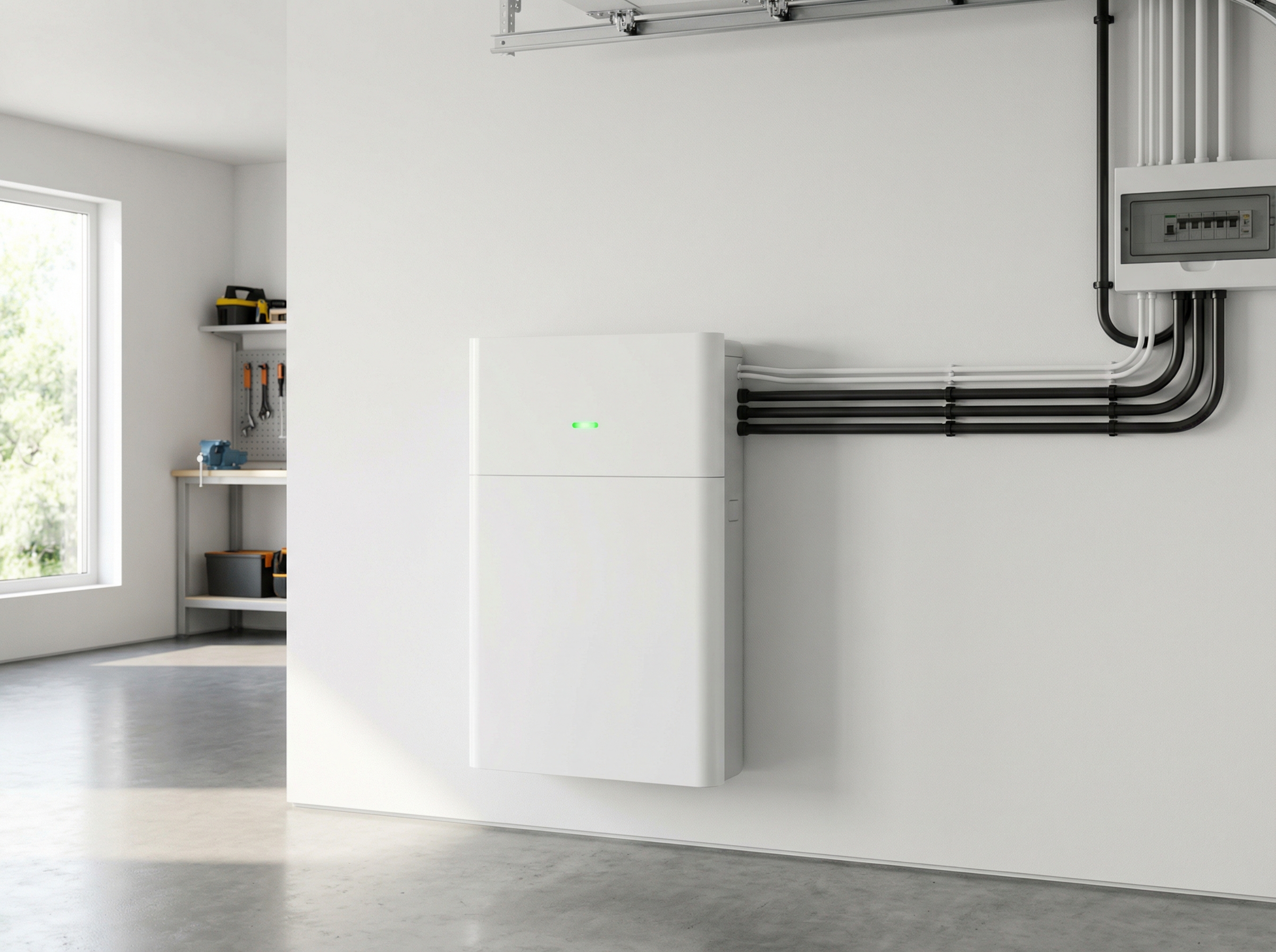 Domowy magazyn energii na ścianie garażu